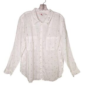 Boden Womens White Gold Foil Tulip Floral 100% Linen Button Down Shirt 16R